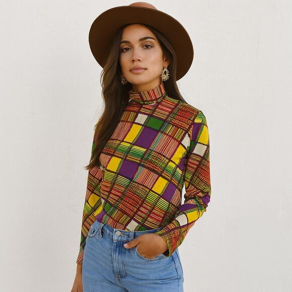 Vintage 1970s Plaid Double Knit High Neck Polyester Top M - Picture 1 of 7